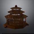 Traditional Wooden Gazebo With Multi Tiered Red Structure Curved Roof And Steps