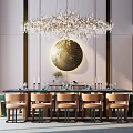 Elegant Modern Restaurant Interior With Chandelier Dining Table Chairs Circular Wall Decor And Table Setting 3d model