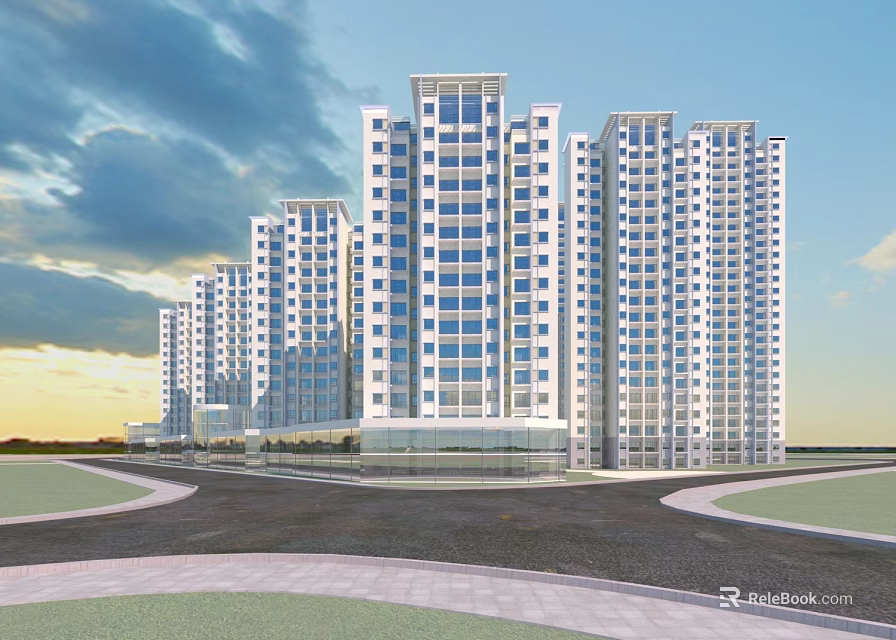Modern High Rise Residential Buildings With Glass Facades Large Windows Curved Roads And Green Spaces 3d model 
