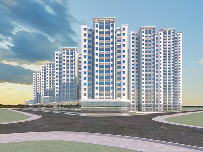 Modern High Rise Residential Buildings With Glass Facades Large Windows Curved Roads And Green Spaces 3d model