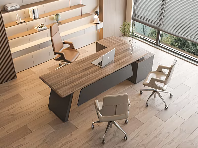 Modern Office Desk with Wooden Top Laptop Green Plant and Rolling Chairs by Window 3d model
