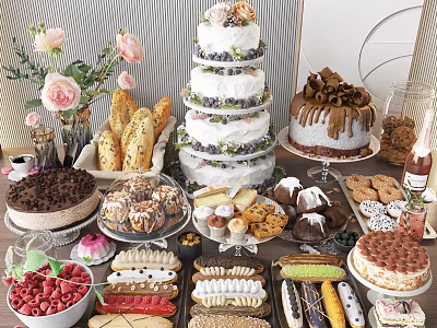 Assorted Delicious Desserts Display With Tiered Cake Chocolate Croissants Macarons And Fresh Strawberries 3d model