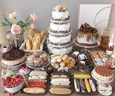 Assorted Delicious Desserts Display With Tiered Cake Chocolate Croissants Macarons And Fresh Strawberries 3d model