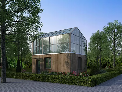 Detached Villa With Glass Roof And Wooden Exterior Surrounded By Greenery And Trees 3d model