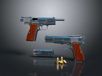 Vintage Metal Pistols With Wooden Grips Magazine And Bullets On Reflective Display Surface 3d model