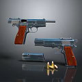 Vintage Metal Pistols With Wooden Grips Magazine And Bullets On Reflective Display Surface