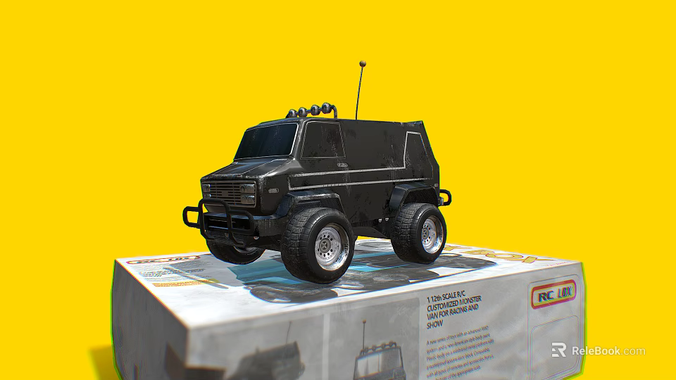 Electric Toy Remote Control Car Black with Antenna Big Wheels on Packaging Box Yellow Background 3d model 