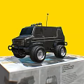 Electric Toy Remote Control Car Black with Antenna Big Wheels on Packaging Box Yellow Background