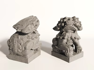 Traditional Stone Lion Sculptures With Intricate Carved Details On Square Bases 3d model
