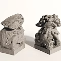 Traditional Stone Lion Sculptures With Intricate Carved Details On Square Bases