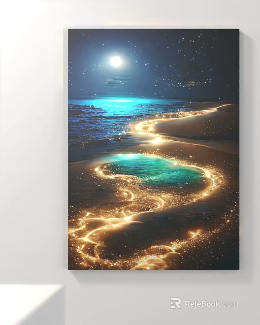 Moonlit Beach Scene With Glowing Sand Path Blue Sea Water And Stars 3d model 