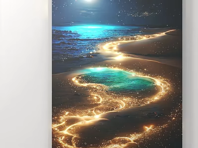 Moonlit Beach Scene With Glowing Sand Path Blue Sea Water And Stars 3d model