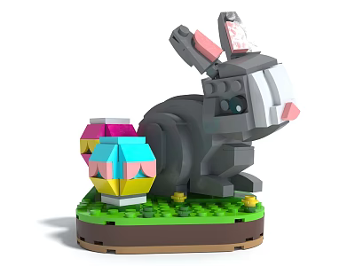 Building Blocks Rabbit Figure With Colorful Easter Eggs On Green Grass Base And Yellow Flowers 3d model