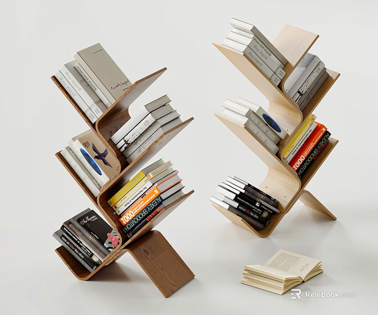 Modern Creative Wooden Bookshelf With Curved Structure Holding Various Books And Open Book 3d model 