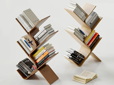 Modern Creative Wooden Bookshelf With Curved Structure Holding Various Books And Open Book 3d model