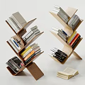 Modern Creative Wooden Bookshelf With Curved Structure Holding Various Books And Open Book