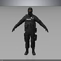 Police Officer In Tactical Black Uniform With Helmet And Gear Standing On Gray Background