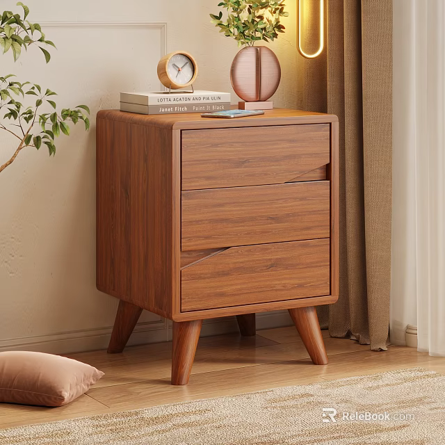 Walnut Wood Modern Nightstand With Three Drawers In Cozy Bedroom With Alarm Clock Books And Plant 3d model 