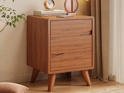 Walnut Wood Modern Nightstand With Three Drawers In Cozy Bedroom With Alarm Clock Books And Plant 3d model