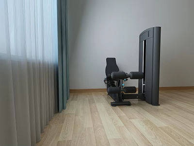 Black Leg Press Sports Equipment in Room with Wooden Floor and Curtains 3d model