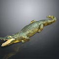 Realistic Crocodile Model With Open Mouth And Green Golden Skin On Grey Background