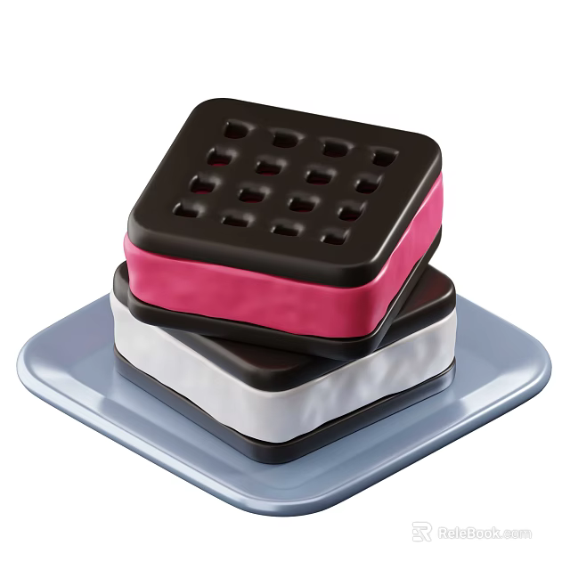 Stacked Square Dessert With Black Pink White Layers Hole Design On Light Blue Plate 3d model 