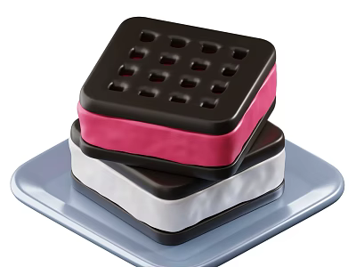 Stacked Square Dessert With Black Pink White Layers Hole Design On Light Blue Plate 3d model