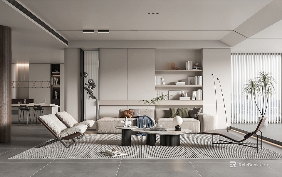 Modern Living Room Interior Design With Beige Sofa Armchairs Coffee Table And Bookshelves 3d model 