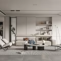 Modern Living Room Interior Design With Beige Sofa Armchairs Coffee Table And Bookshelves