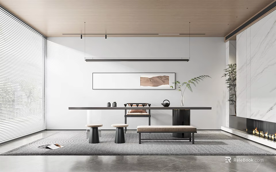 Modern Tea Room Interior With Long Table Stools Wall Painting And Natural Light 3d model 