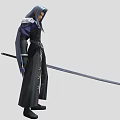 Man in Black Long Coat with Long Hair holding a Long Sword and Purple Accents