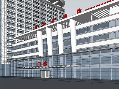 Modern Hospital Building Exterior With Glass Facade Columns And Main Entrance 3d model