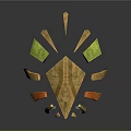 Golden Shield Shaped Weapon With Green Orange Accents And Intricate Metallic Texture Design