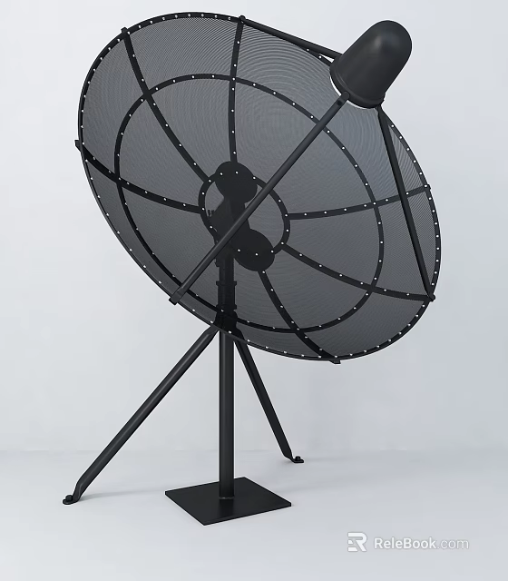 Black Satellite Dish with Tripod Stand Mesh Design and Metal Construction 3d model 