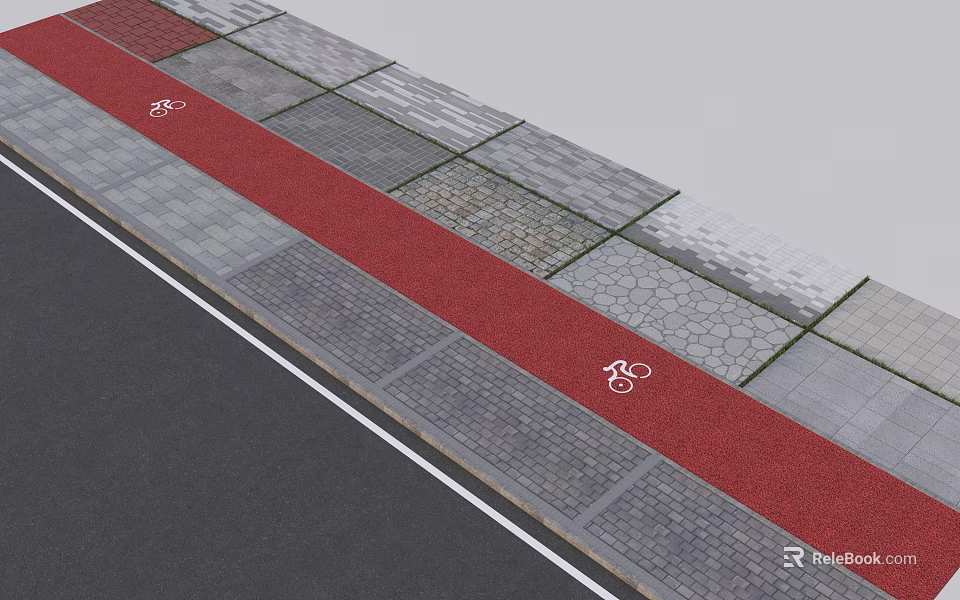 Red Bicycle Lane With Paved Pavement And Bike Symbols In Road Facilities 3d model 