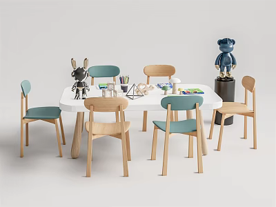 White Children's Desk with Green Wooden Chairs Stationery Rabbit Bear Toys Kids Study Play Area 3d model