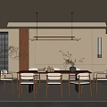 Modern Restaurant Interior With Wooden Dining Table Chairs Hanging Light Wall Decor And Plant