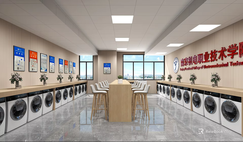 Modern Laundry Shop Interior with Multiple Washing Machines Wooden Table Chairs and Posters 3d model 