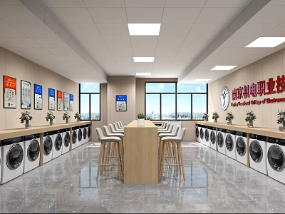 Modern Laundry Shop Interior with Multiple Washing Machines Wooden Table Chairs and Posters 3d model