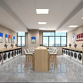 Modern Laundry Shop Interior with Multiple Washing Machines Wooden Table Chairs and Posters