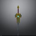 Golden Ornate Sword Featuring Red Hilt Blue Gemstone Shiny Blade And Decorative Design