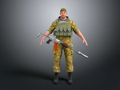 Military Soldier Wearing Camouflage Uniform With Tactical Vest And Rifle Standing 3d model