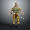 Military Soldier Wearing Camouflage Uniform With Tactical Vest And Rifle Standing