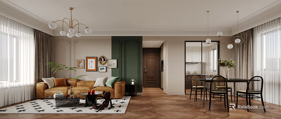 Modern Living Dining Room Interior With Brown Sofa Green Wall Wooden Floor And Chandelier 3d model 