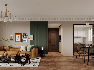 Modern Living Dining Room Interior With Brown Sofa Green Wall Wooden Floor And Chandelier 3d model