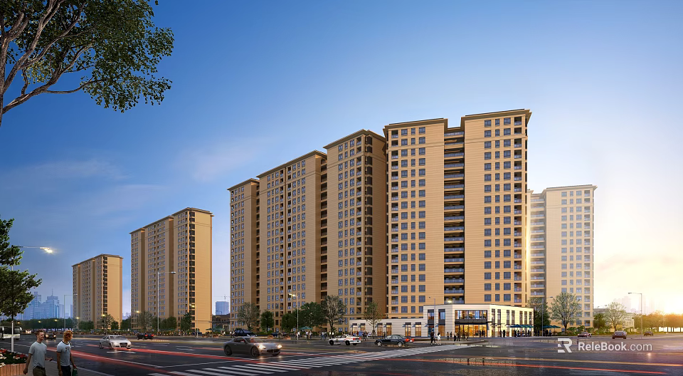 Modern High Rise Residential Building with Multiple Towers Street View and Ground Floor Shops 3d model 