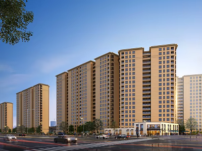 Modern High Rise Residential Building with Multiple Towers Street View and Ground Floor Shops 3d model