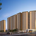 Modern High Rise Residential Building with Multiple Towers Street View and Ground Floor Shops