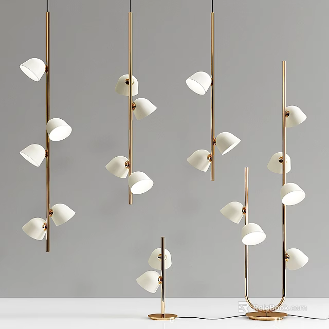 Modern Pendant Chandeliers Design With Golden Rods And White Shades 3d model 