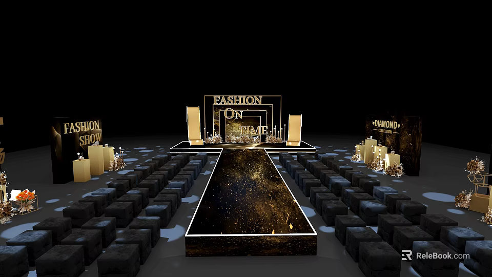 Floral Installation Design For Fashion Event Runway With Decorative Columns And Seating Arrangement 3d model 